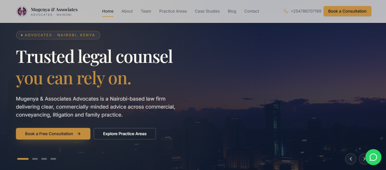Screenshot of Mugenya Law: Client-facing website